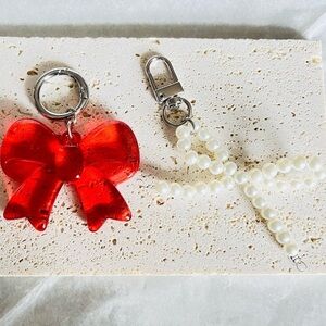 Red Bow and Pearl Keychain Set